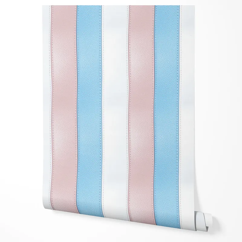 Tapet autoadeziv, furnir pentru mobilă, folie din material textil dungi din piele alb și roz pentru dormitor 10m x 0,5m Discount