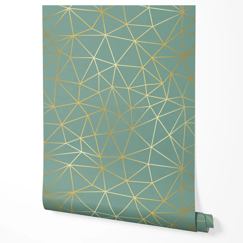 Cumpără online Tapet autoadeziv, furnir pentru mobilă, folie model geometric dungi aurii fundal verde pentru dormitor 10m x 0.5m