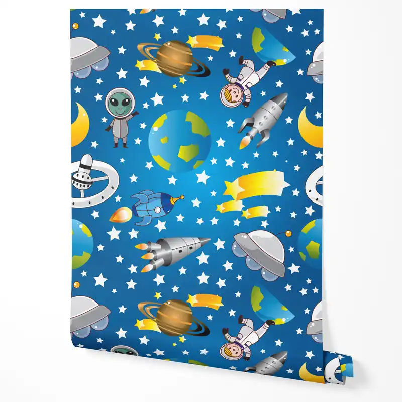 Promoție Tapet autoadeziv, furnir pentru mobilă, folie cu rachete spațiale extratereștri stele pentru camera copiilor 10m x 0,5m