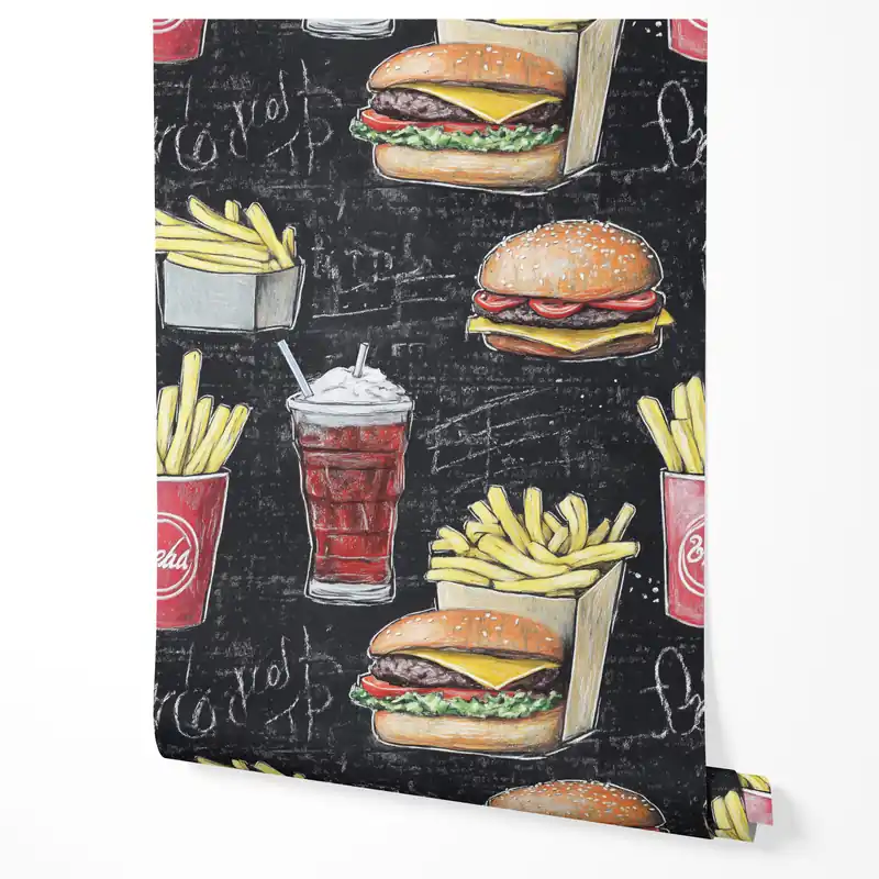 Tapet autoadeziv, furnir pentru mobilă, folie pentru fast-food hamburger cartofi prăjiți negru pentru restaurant și bar 10m x 0,5m Livrare rapidă