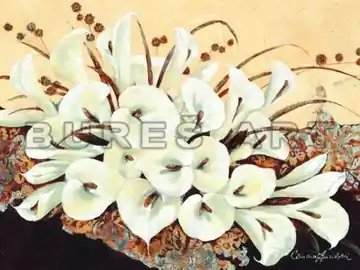 Disponibil imediat Tablou decorativ cu flori ‘‘Buchet de crini‘‘ cu foita argintie, inramat