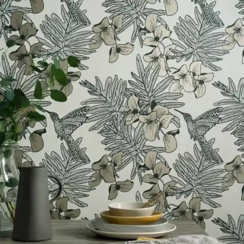 Tapet, Hummingbird, Jet Black and Metallic Luxury Bird, 1838 Wallcoverings, 5.3mp / rola Ofertă de sezon