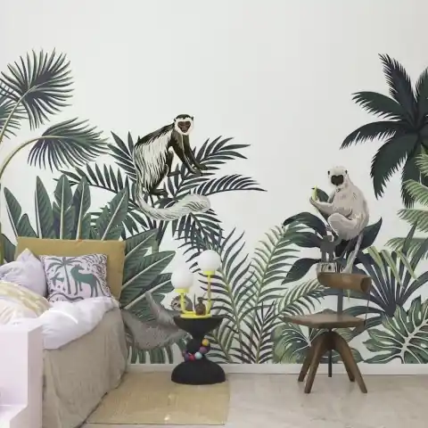 Reducere specială Fototapet, Jungle Monkeys, White, Rebel Walls